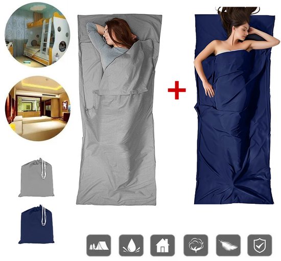 Reisslaapzakvoering – Microvezel – Draagbare slaapzak voor volwassenen – Hygiënische slaapzakvoering voor hotelbedden – Marineblauwe en grijze reisslaapzak – Set van 2 – 90 x 220 cm
