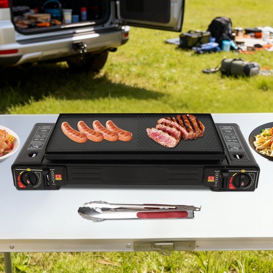 Reky Gasfornuis - Bakplaat - Gaspit - Kooktoestel - Gasstel - Cooker - Draagtas - gasfornuis met bakplaat - Zwart - 63 x 26 x 12cm -