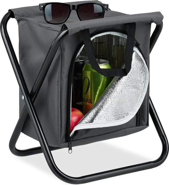 Relaxdays campingkruk met koeltas - opvouwbaar - draagbaar - 34 x 32 x 26 cm - viskrukje - grijs van Relaxdays