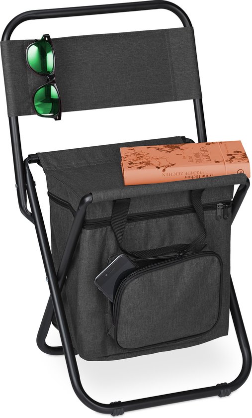 Relaxdays campingkruk met tasje - vouwbaar - met leuning - draagbaar - 60x35x35 cm - zwart van Relaxdays