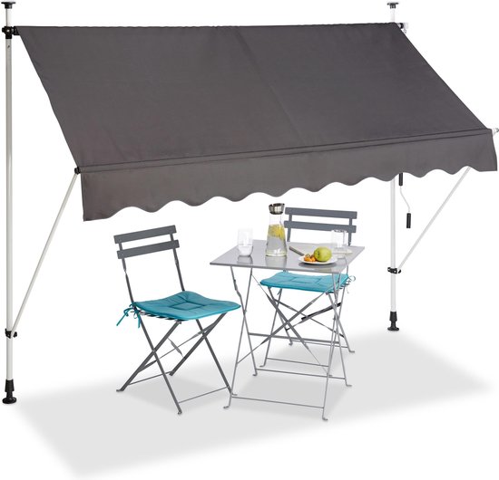 Relaxdays klemzonnescherm - balkon - in hoogte verstelbaar - polyester & staal - markies - 250 cm breed - grijs van Relaxdays