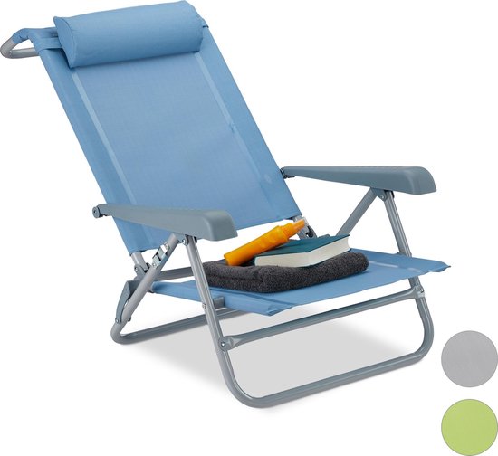 Relaxdays ligstoel klapbaar - nekkussen - flessenopener - verstelbare armleuning - 120 kg - kunststof - staal - blauw van Relaxdays