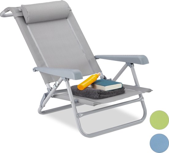 Relaxdays ligstoel klapbaar - nekkussen - flessenopener - verstelbare armleuning - 120 kg - kunststof - staal - grijs van Relaxdays