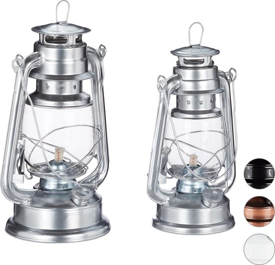 relaxdays olielamp set 2 stuks - stormlamp - petroleumlamp - windlicht - stormlantaarn zilver van Relaxdays