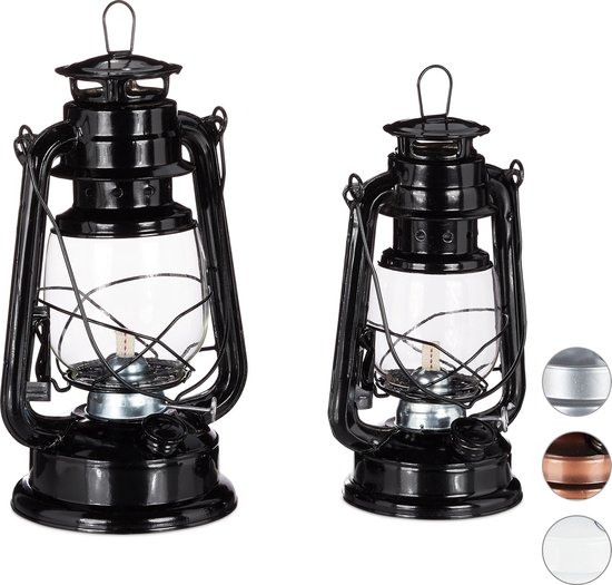 relaxdays olielamp set 2 stuks - stormlamp - petroleumlamp - windlicht - stormlantaarn zwart