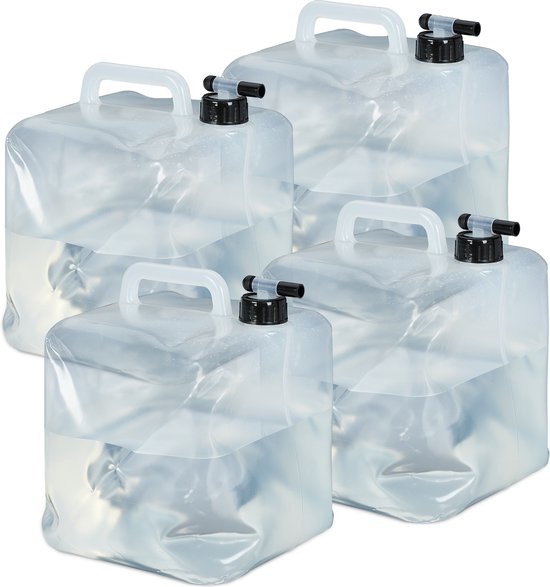 Relaxdays opvouwbare jerrycan set van 4 - 10 l - met kraantje - BPA-vrij - transparant-zwart van Relaxdays