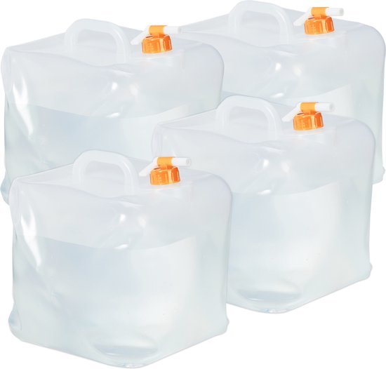 Relaxdays opvouwbare jerrycan set van 4 - 20 liter - met kraan - BPA-vrij - transparant-oranje van Relaxdays