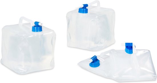Relaxdays opvouwbare jerrycans - 4 stuks - 5 l - kraan - schroefdop - draagbaar - watertank camping - transparant-blauw van Relaxdays