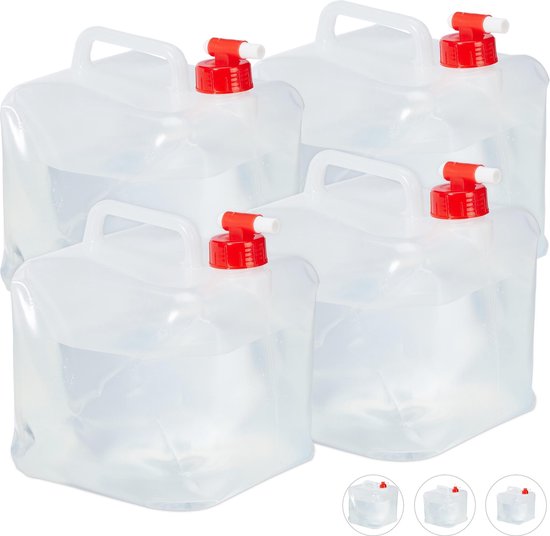 Relaxdays opvouwbare jerrycans - 4 stuks - 5 l - kraan - schroefdop - draagbaar - watertank camping - transparant-rood van Relaxdays