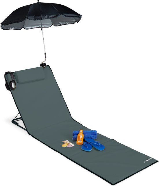 relaxdays strandmat - groot - ligbed - hoofdsteun - rugleuning - opvouwbaar - draagbaar antraciet van Relaxdays