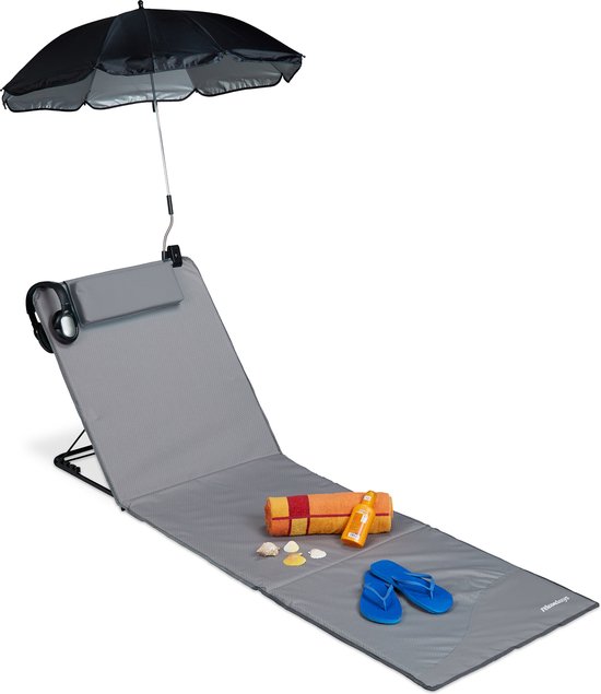 relaxdays strandmat - groot - ligbed - hoofdsteun - rugleuning - opvouwbaar - draagbaar grijs van Relaxdays