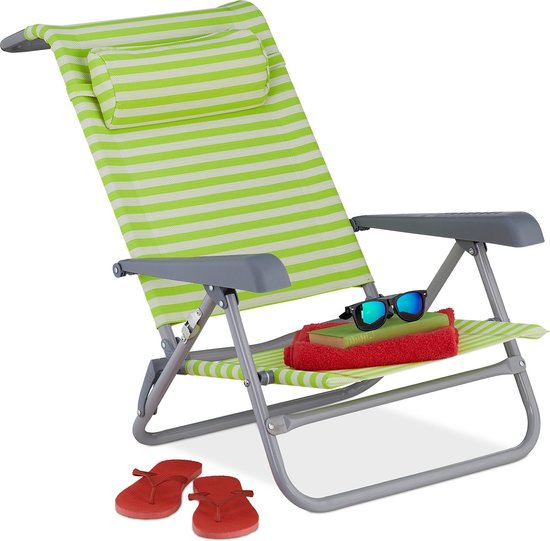 Relaxdays strandstoel opvouwbaar - verstelbaar - laag - 8 standen - armleuning - camping - groen-wit van Relaxdays