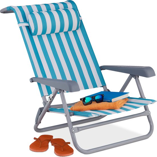 Relaxdays strandstoel opvouwbaar - verstelbaar - laag - 8 standen - armleuningen - strand ligstoel - blauw-wit van Relaxdays