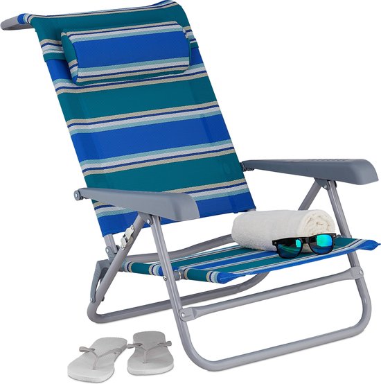 Relaxdays strandstoel opvouwbaar - verstelbaar - laag - met nekkussen - armleuningen - flesopener - blauw-groen-wit van Relaxdays