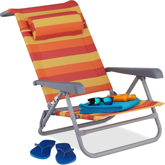 Relaxdays strandstoel opvouwbaar - verstelbaar - laag - met nekkussen - armleuningen - flesopener - geel-rood-oranje van Relaxdays