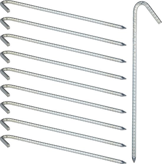 Relaxdays xl grondpen set van 10 - extreem stabiel - tentaccessoire - extra lang - 39 cm - verzinkt staal - zilver van Relaxdays