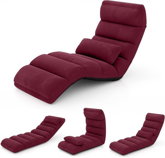 Relaxstoel inklapbaar - Vloerstoel ligstoel - Ontspannen lezen gamen - Verstelbare rug en steun - 175 x 55 cm - Rood