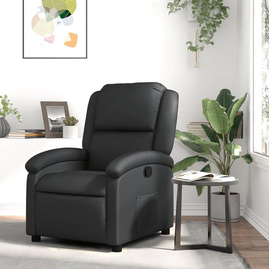 Relaxstoel Leer - Comfortstoel Fauteuil - Ontspannen Zitten - Handmatige Ligfunctie 135° - Zithoogte 42-45cm - Zwart
