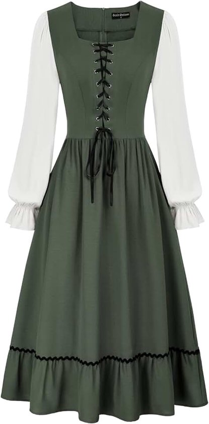 Renaissance Maxi-jurk voor dames met smokwerk in de taille en een hoog en laag ontwerp, middeleeuwse jurk | Set van 2 zakken met verstelbare veters voor Ren Faire Fee, cosplay, heksenoutfit, piraten, themafeesten, hobbit-evenementen