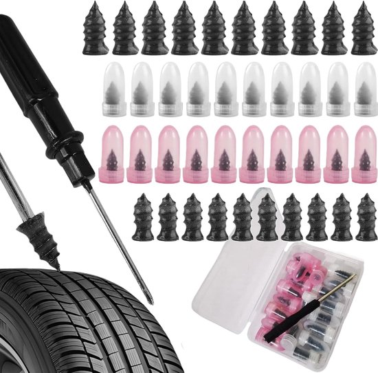Reparatieset Autobanden - Anti-lek Kit - Snelle Bandenreparatie - Inclusief 40 Rubberen Spijkers - 14.9 x 7.9 cm van Merkloos
