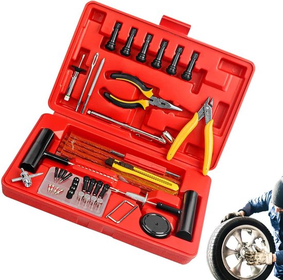 Reparatieset Banden - Lekke Banden - Auto Onderhoud - 74 Delige Set - 31x21x6 cm - Rood
