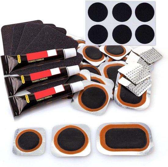 Reparatieset Fietsbanden - Bandenplak Set - Snelle Bandenreparatie - 30 Vulkanisatie Patches - Inclusief Rasp - Zwart