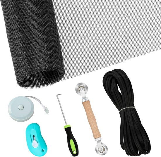 Reparatieset Horren - Gaas en Hulpmiddelen - Scherm Herstellen - Compleet met Gereedschap - 6 Stuks - Zwart