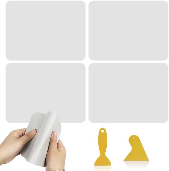 Reparatieset met 4 waterdichte PVC-patches en spatel voor snelle reparatie van opblaasbare boten, kajaks en zwembaden, ideaal voor gaten en luchtlekken.