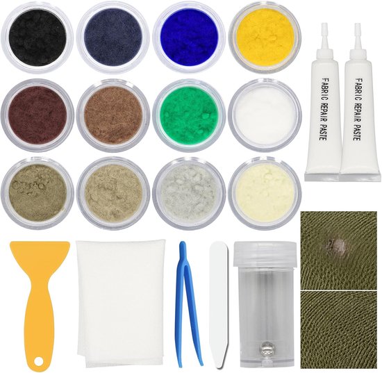 Reparatieset Stof Tapijt - Kleding Herstelkit - Gaten Vullen - 12 Kleuren Set - 18.7 x 13.6 cm van Merkloos
