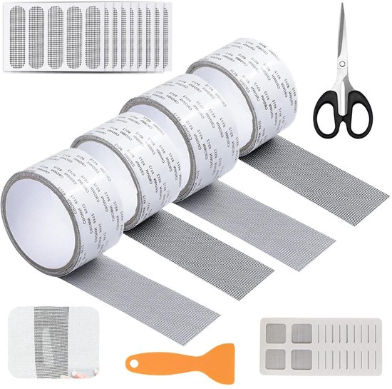Reparatieset Vliegengaas - Gaas Tape - Gaten Dichten - Glasvezelmateriaal - 4 Rollen 5x2m - Grijs Wit van Merkloos