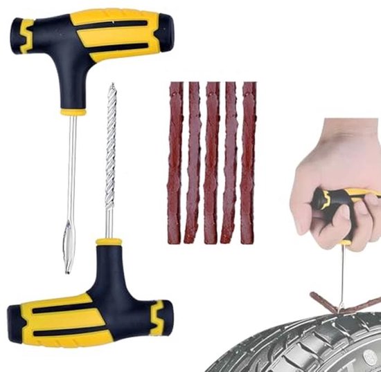 Reparatieset voor autobanden en motorbanden - 7-delige set met 5 pluggen en 2 T-gereedschappen van Merkloos