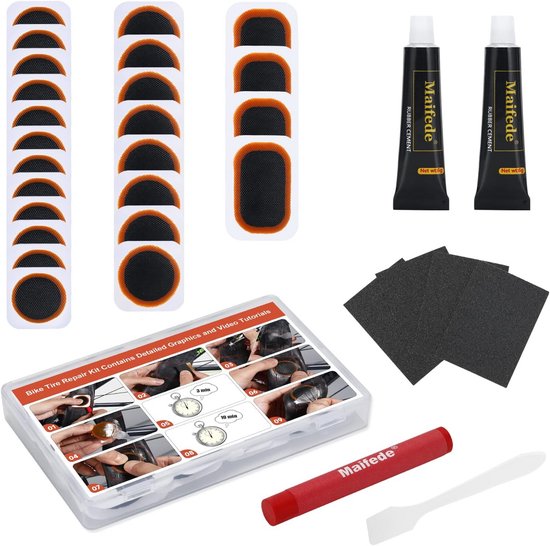 Reparatieset voor fietsbanden, met 24 gevulkaniseerde patches, draagbare opbergdoos, schuurpapier en kleurpotloden, voor fietsers, BMX en opblaasbaar rubber (rood)