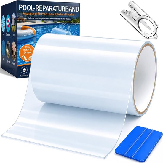 Reparatieset voor Zwembaden - PVC Reparatietape - Transparant en Zelfklevend - Inclusief Rakel en Schaar - Voor Diverse Opblaasartikelen
