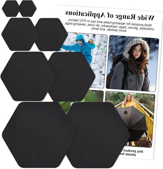 Reparatiestickers Kleding - Zelfklevende Patches - Outdoor Gear Herstellen - Voorgesneden Zeshoekig - 8 Stuks - Zwart
