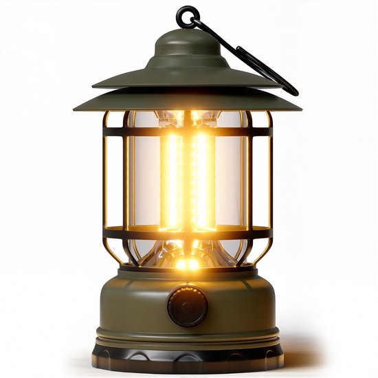 Retro LED Campinglamp met Traploze Dimbare Helderheid – USB Oplaadbare Stormlamp op Batterijen – 20-200 Lumen, Type-C, 360° Verlichting – Draagbare Noodverlichting voor Kamperen, Wandelen, Tuin en Thuisgebruik – Groen
