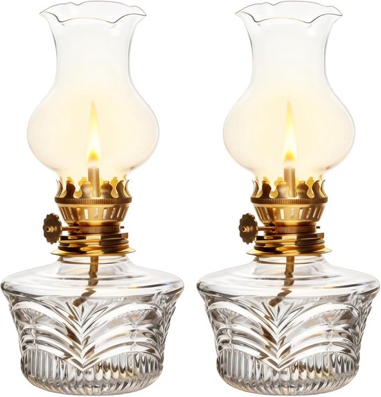 Retro Petroleum Lichten Set van 2, 18 cm Glazen Olielampen met Verstelbare Vlam, Stijlvolle Stormlamp voor Woonkamer en Tuin Decoratie
