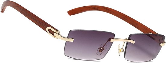 Retro Rechthoekige Zonnebril zonder Rand, UV400 Bescherming, Houten Montuur, Ideaal voor Mannen en Vrouwen, Perfect voor Zomer en Buitenactiviteiten