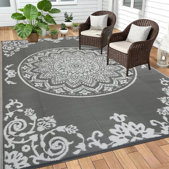 Reversible Regenbestendige Buitentapijt 150 x 245 cm voor Tuin, Camping en Picknick (Grijs & Wit)