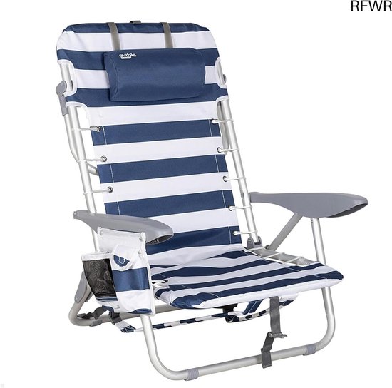 RFWR® Comfortabele Inklapbare Strandstoel met 4 Posities en Kussen - Blauw Witte Strepen