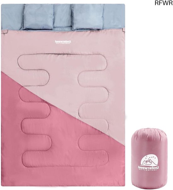 RFWR® Lichtgewicht dubbele slaapzak voor 2 personen - waterdichte 3-seizoenen slaapzak met 2 kussens voor kamperen en wandelen van Merkloos