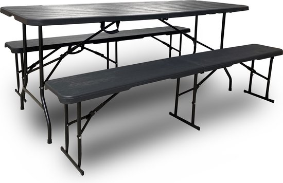 Rijoka Inklapbare Picknicktafel – Houtlook Design – Klaptafel met 2 Klapbanken – Biertafel 6 tot 8 personen – Draagkracht 150kg - Taupe