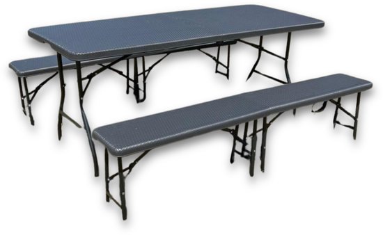 Rijoka Inklapbare Picknicktafel - Rattan Design - Klaptafel met 2 Klapbanken - Biertafel 6 tot 8 personen - Draagkracht 150kg - Taupe