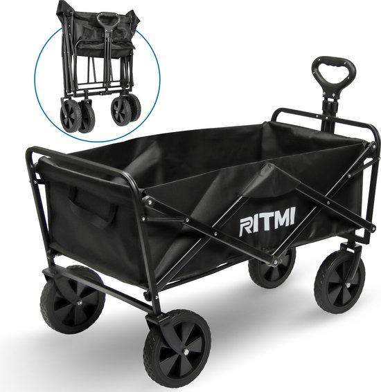 Ritmi Bolderkar - Opvouwbaar Bolderkar Tot 120kg Draagvermogen - 82x52x63cm - Inhoud 120L Bolderwagen met Duwstang - Opvouwbare Draag Kar - Bolder Wagen Strandkar - Zwart van Merkloos