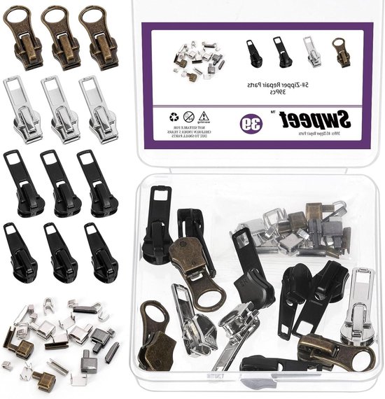 Rits Reparatie Kit - Ritsonderdelen Set - Kleding Repareren - 39 Delige Set - #5 Ritsen - Zwart/Brons van Merkloos