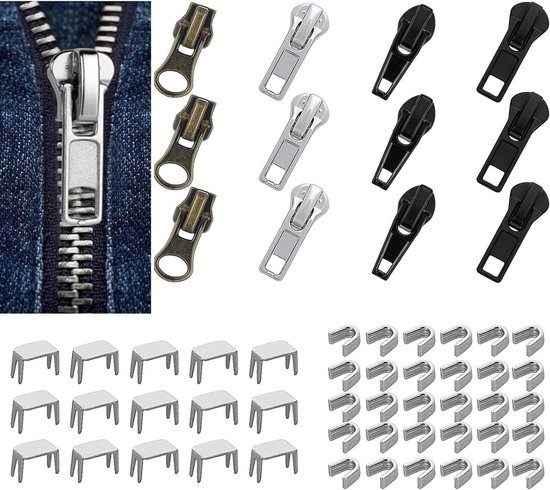 Rits Reparatie Kit - Schuifregelaar Vervanging - Kleding Repareren - Universele #5 Ritsen - 57 Stuks - Metaal Kunststof Nylon