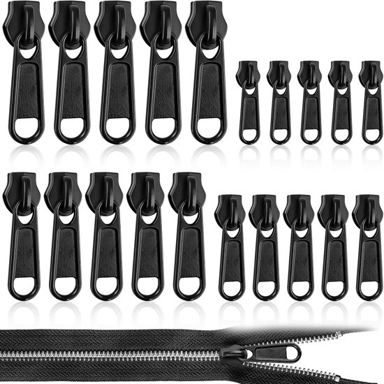 Ritssluiting Reparatie Set - Schuifjes Vervangen - Kleding Repareren - Universeel Waterdicht Metaal - 20 Stuks 4 Maten - Zwart van Merkloos