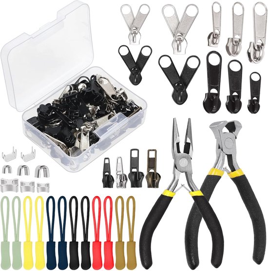 Ritssluiting Reparatiekit - Zakken Herstelset - Tassen Kleding Tenten - 144 Delige Set - 5cm Diameter - Zilver Zwart van Merkloos