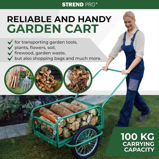 Robuuste Metalen Bolderkar met Inklapbare Zijwanden - 100 kg Draagvermogen - Grote Wielen voor Tuin en Transport