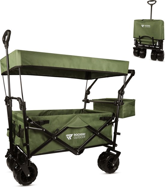 Rockerz Bolderkar met dak - Bolderwagen opvouwbaar - Met duwstang - 120L - Inclusief veiligheidsriemen - Handige opbergvakken - Groen van Merkloos