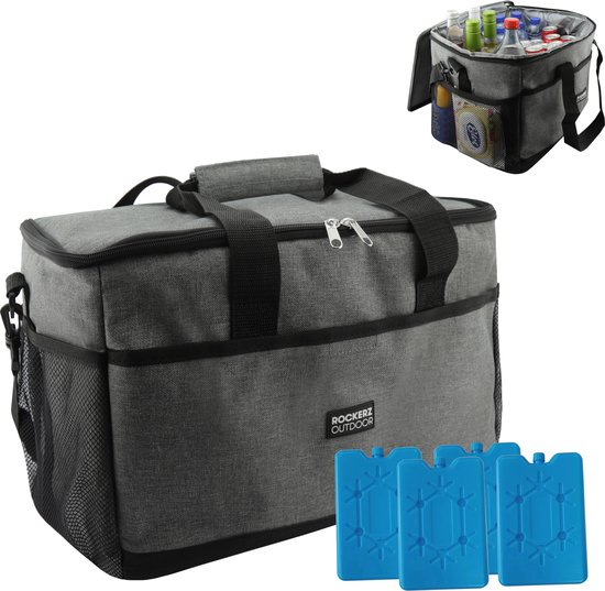 Rockerz Koeltas - 4 laags geïsoleerde grote Koeltas - Incl. 4 koelelementen - 30 liter - Lunchtas - Picknicktas - Capaciteit voor 48x 33 cl blikken of 24x 33 cl flesjes - Slijtvast en duurzaam materiaal - Waterdicht en vuilafstotend - kleur: Grijs van Rockerz.